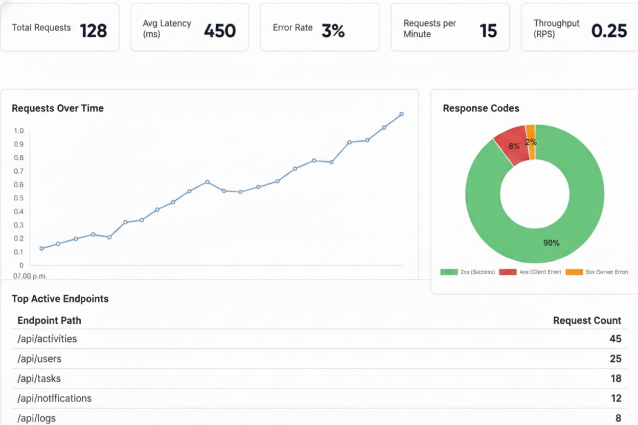 Igniral API Metrics Dashboard showing real-time analytics, request tracking, and performance monitoring