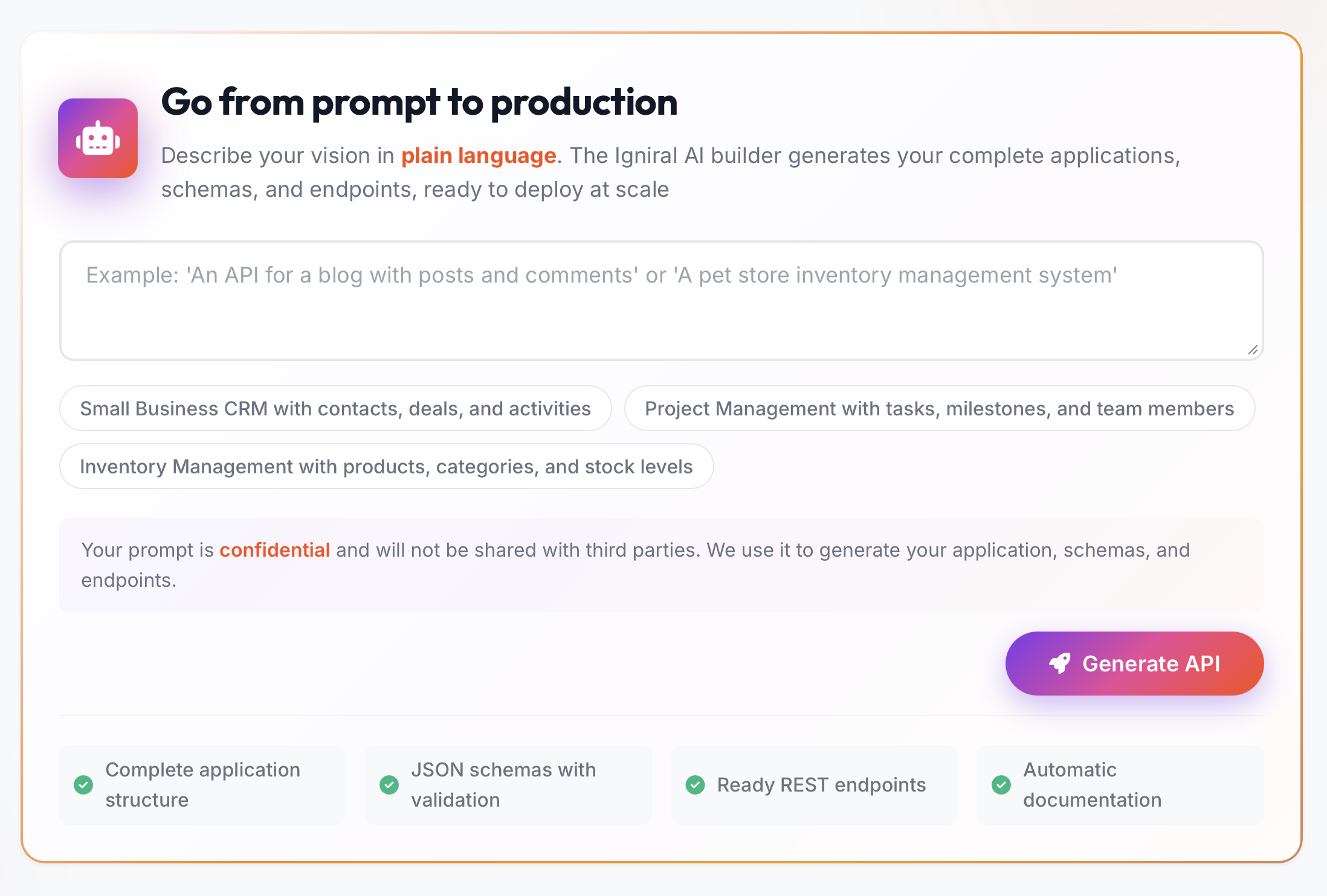 Igniral Dashboard - AI-powered API generation interface showing schema builder and endpoint management