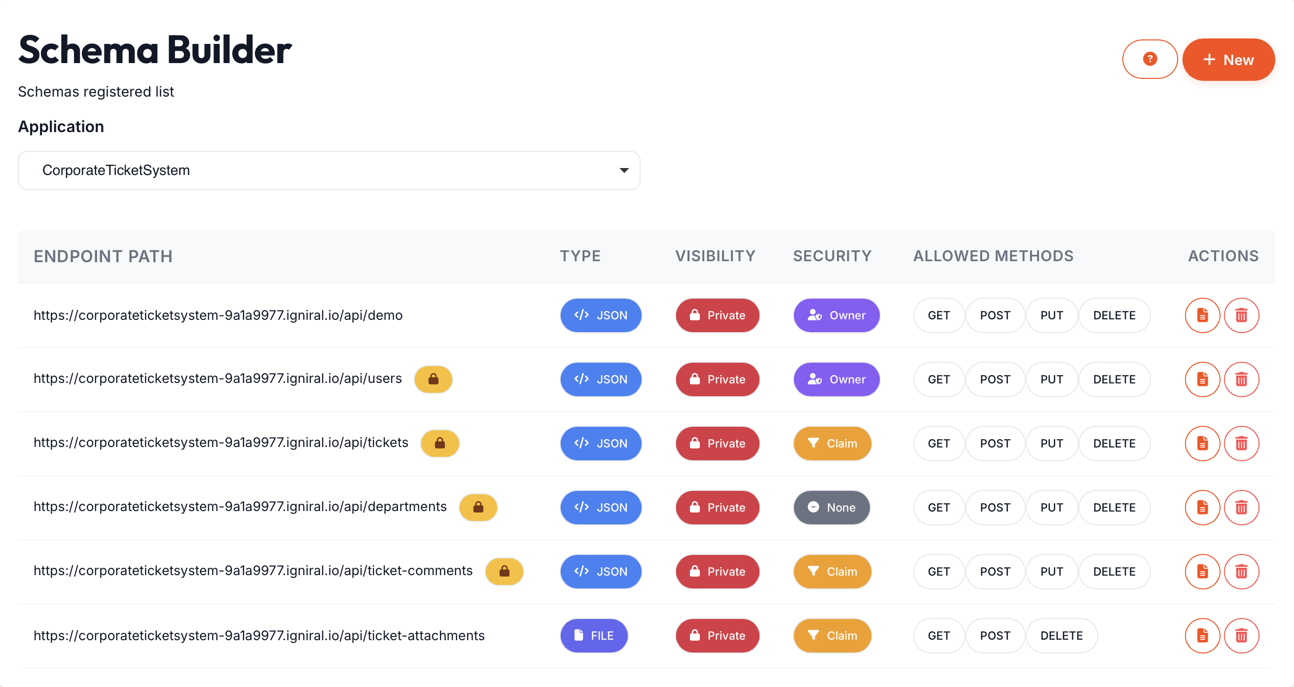 Igniral Visual Schema Builder with drag-and-drop interface for defining data models and API endpoints